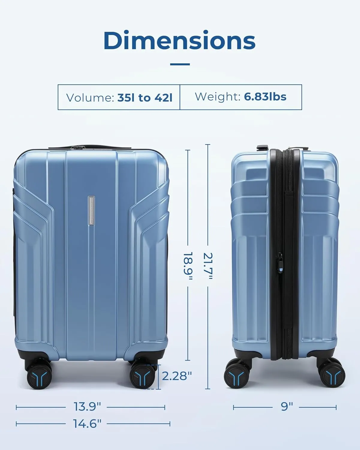 BAGSMART Expandable Carry On Luggage 22x14x9 Airline Approved, 1OO% PC Lightweight Hard Shell Suitcase, 20 Inch Travel Luggage with Spinner Wheels, Waterproof Rolling Suitcase,Blue