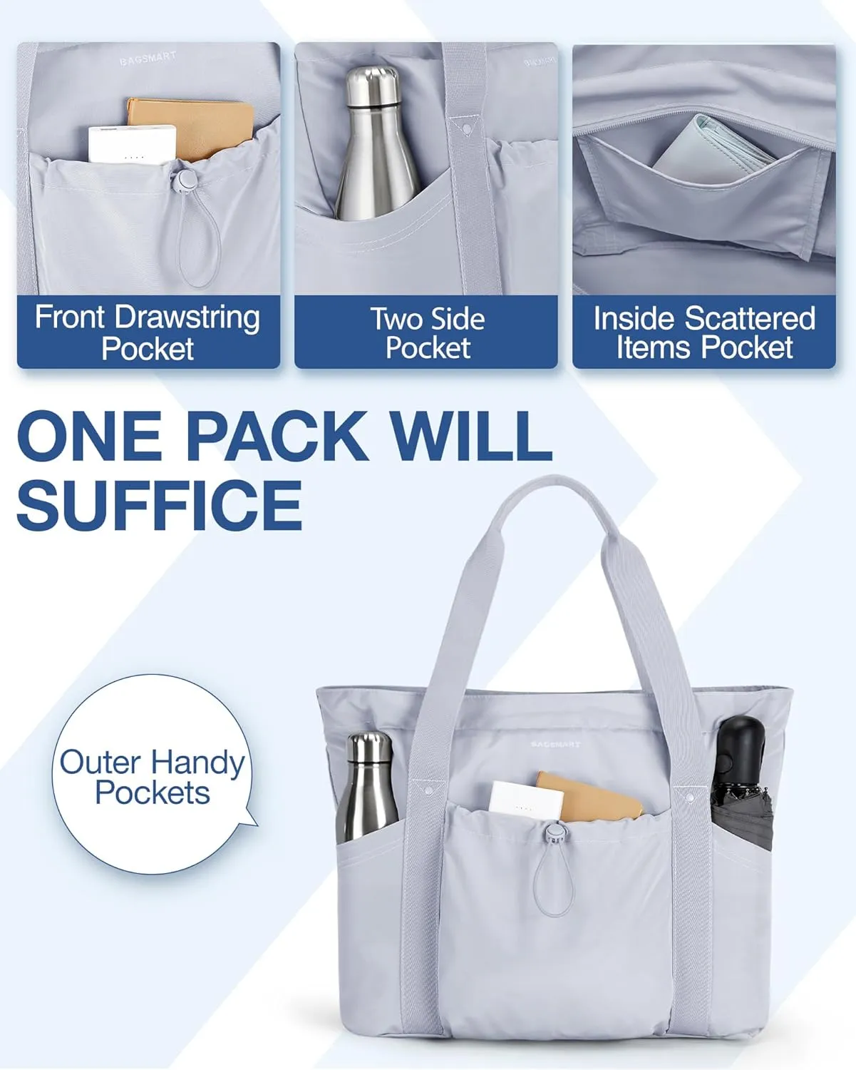 BAGSMART Tote Bag for Women, Tote Shoulder Bag with Laptop Compartment and Zipper Handbag for Travel, Work