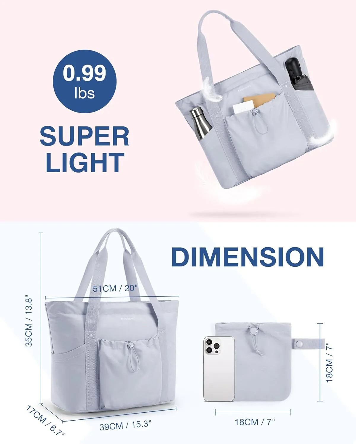 BAGSMART Tote Bag for Women, Tote Shoulder Bag with Laptop Compartment and Zipper Handbag for Travel, Work