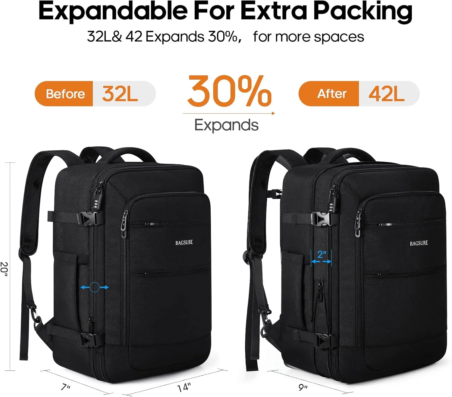 Bagsure Travel Backpack, 42L Carry on Luggage, Flight Approved Expandable Backpack, Laptop Backpack