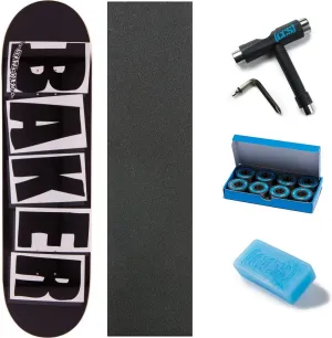 Baker Brand Logo Skateboard Deck - Black/White - 8.25" W/Mob Grip, CCS Skate Tool, Wax, and ABEC 7 Bearings