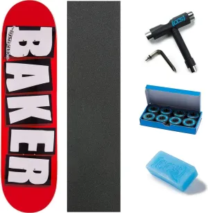 Baker Brand Logo Skateboard Deck - White - 8.25" W/Mob Grip, CCS Skate Tool, Wax, and ABEC 7 Bearings
