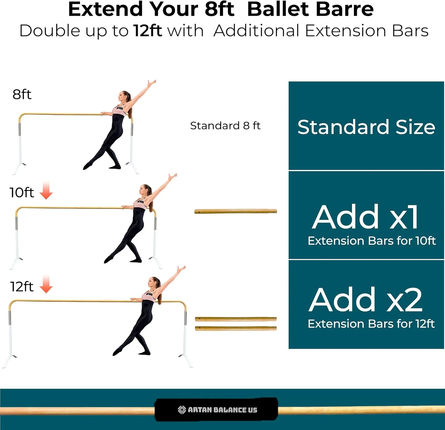 Ballet Barre 8ft for Studio – Single and Double Bar Ballet Barre Ideal for Stretch, Pilates, Dance, Fitness and Workouts