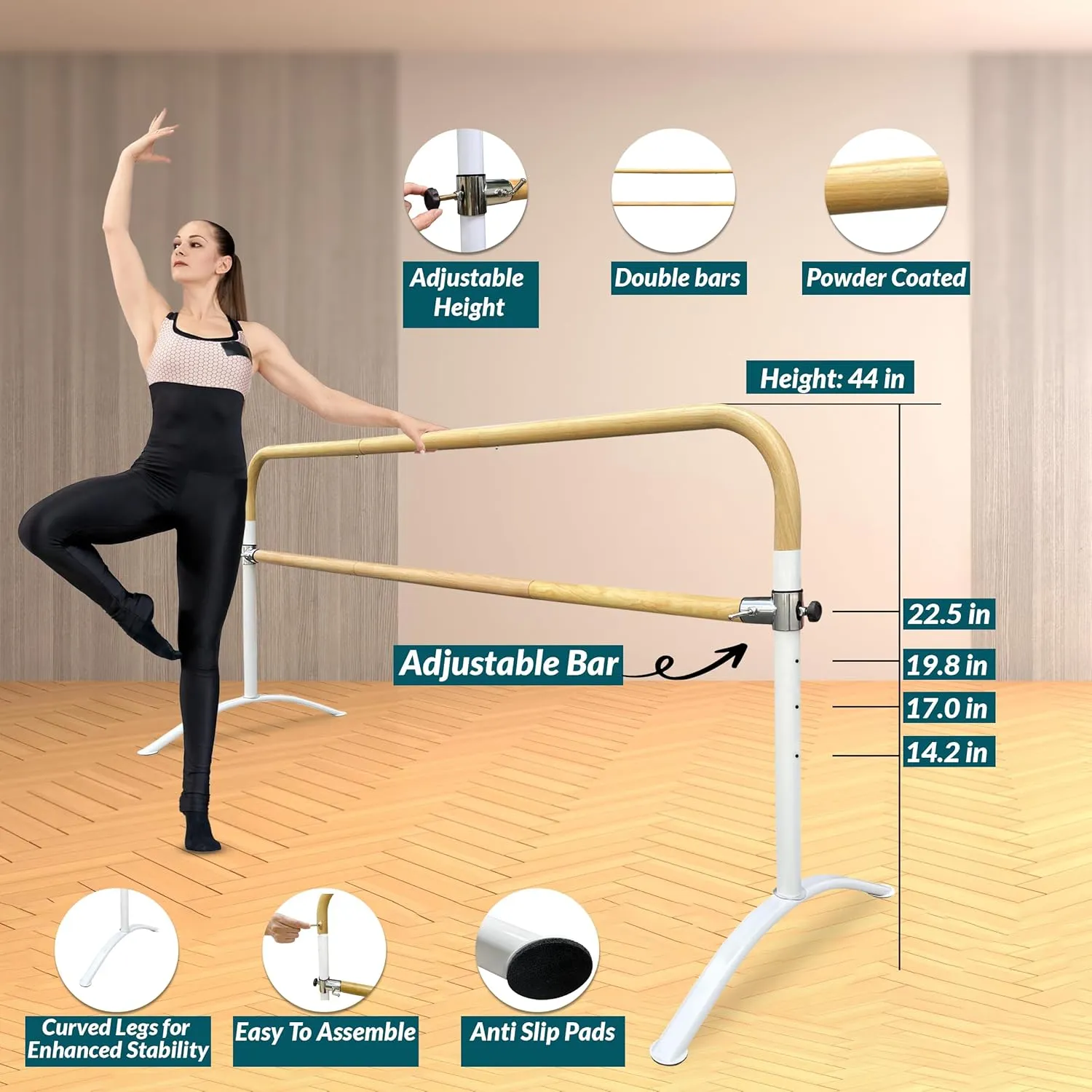 Ballet Barre Portable for Home or Studio, Height Adjustable Bar for Stretch, Pilates, Dance or Active Workouts, Single or Double Bar, Kids and Adults