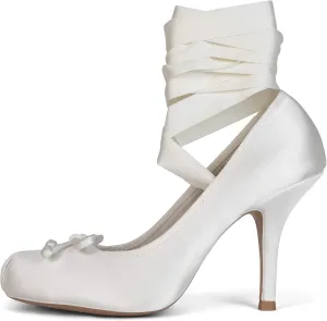 Ballet Heels for Women with Lace up Bows Closed Toe Mary Jane Heels Comfortable Square Toe Womens Ballerina Pumps Casual Dress Shoes for Women Dressy.