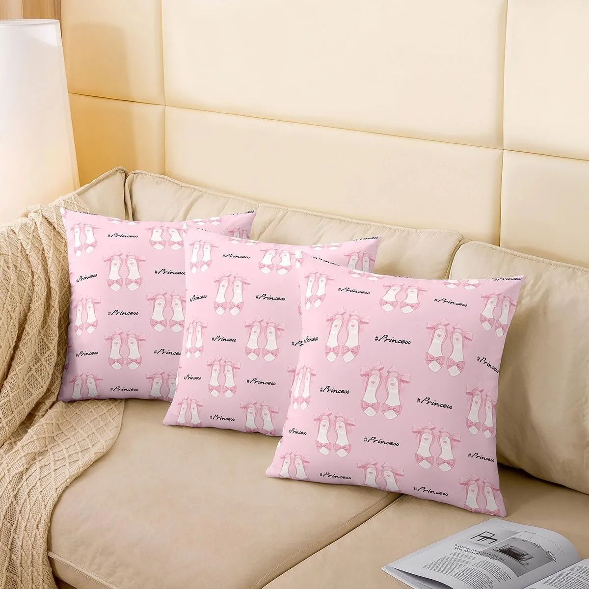 Ballet Shoes Pillow Case Covers 18"x18" Pack of 2,Princess Style Ballerina Pink Bow Tie Soft Square Pillow Covers,Kawaii Girly Dancing Theme Pink Sofa Pillow Covers,Double Sides