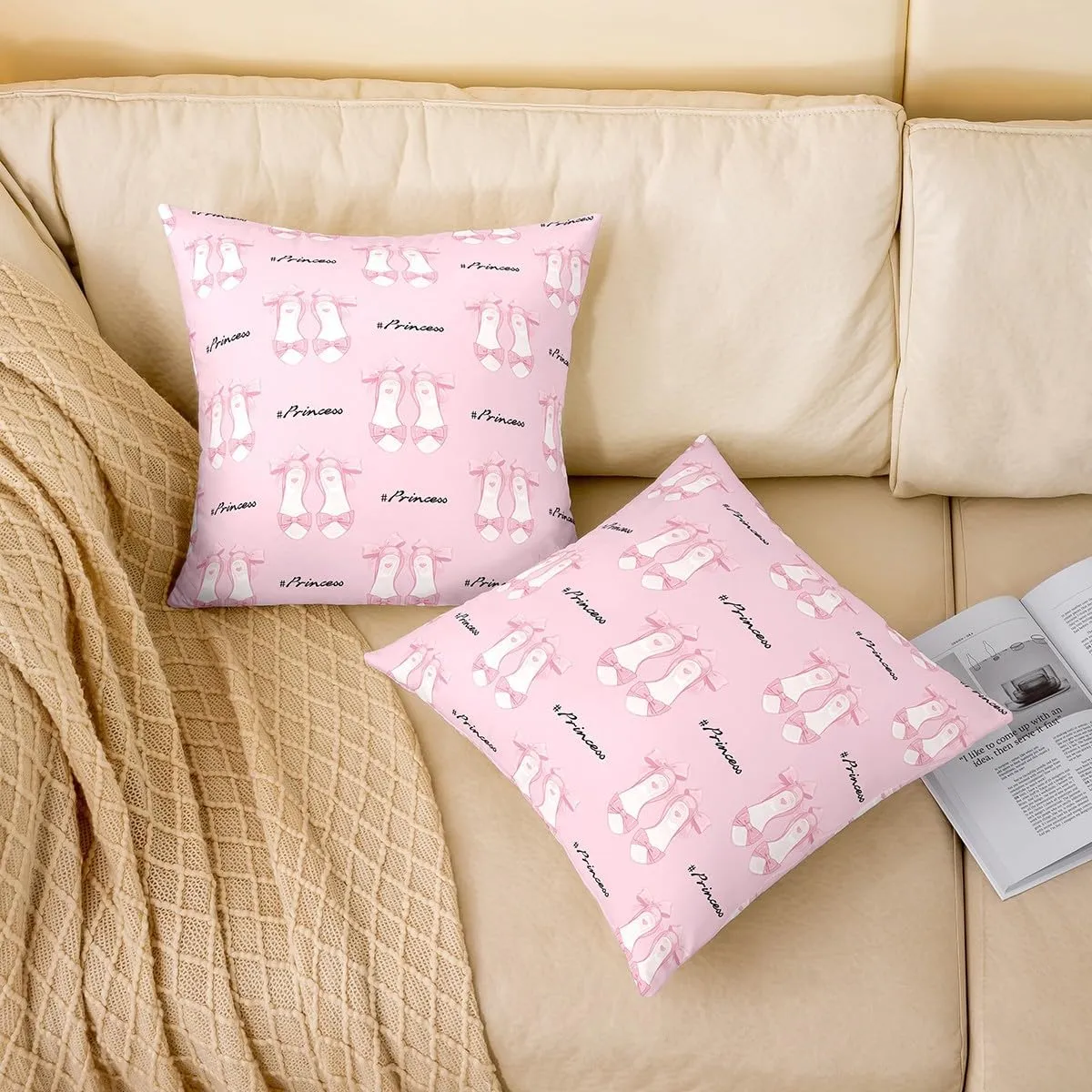 Ballet Shoes Pillow Case Covers 18"x18" Pack of 2,Princess Style Ballerina Pink Bow Tie Soft Square Pillow Covers,Kawaii Girly Dancing Theme Pink Sofa Pillow Covers,Double Sides