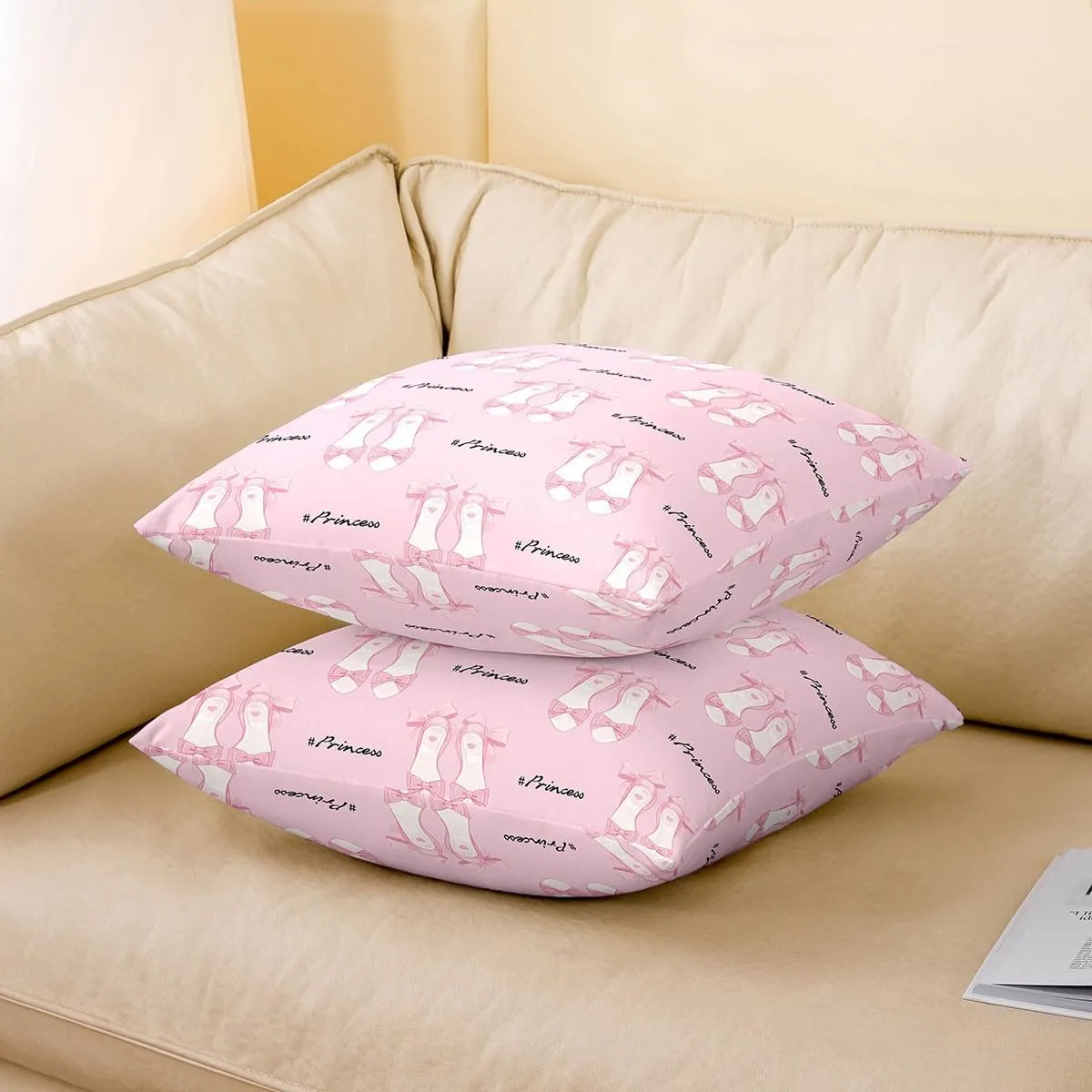 Ballet Shoes Pillow Case Covers 18"x18" Pack of 2,Princess Style Ballerina Pink Bow Tie Soft Square Pillow Covers,Kawaii Girly Dancing Theme Pink Sofa Pillow Covers,Double Sides