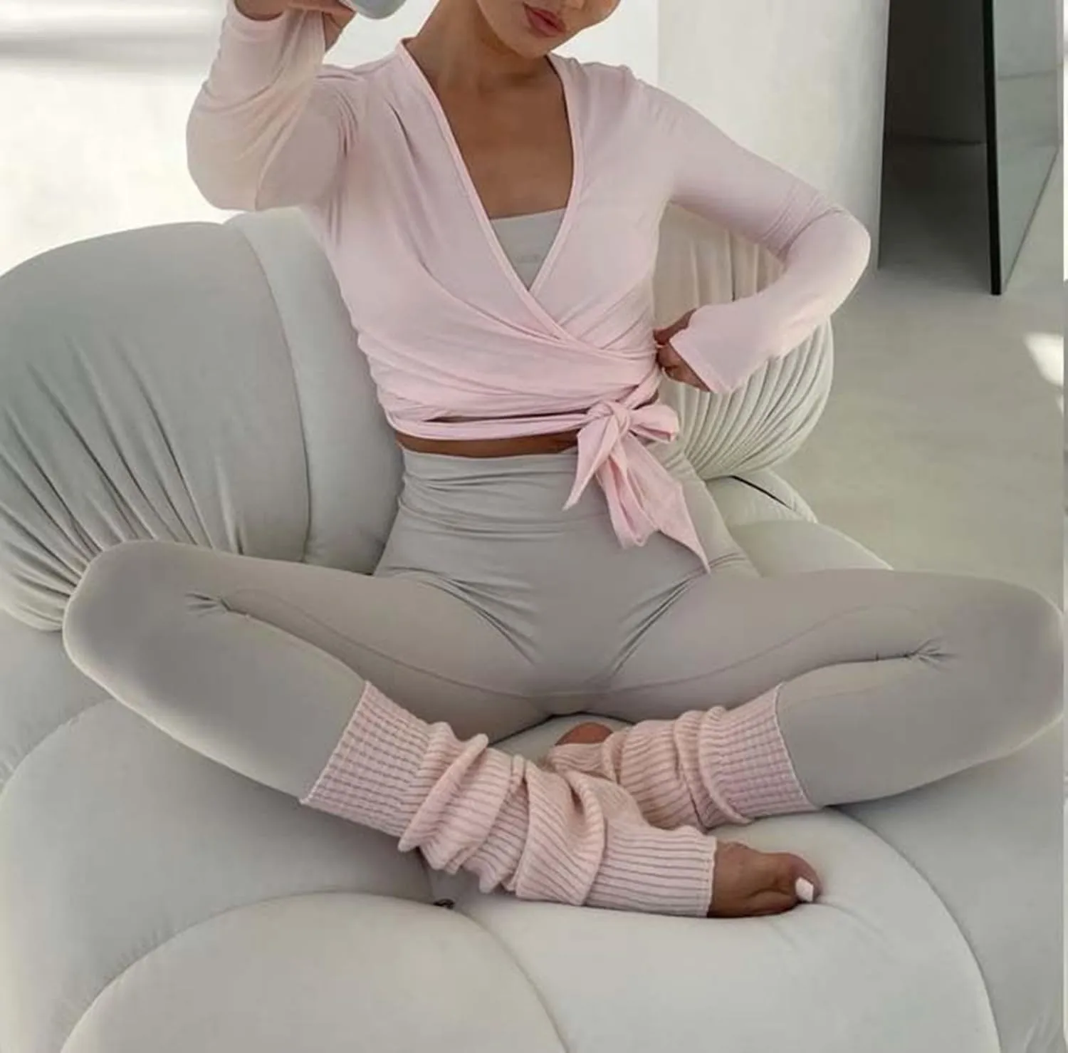 Ballet Tie Wrap Top for Women Long Sleeve Cover Up Yoga Pilates Workout Warp Shirts