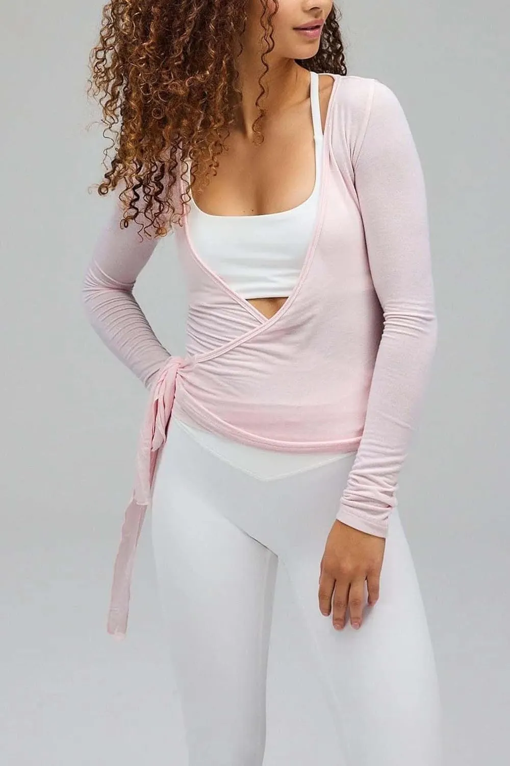 Ballet Tie Wrap Top for Women Long Sleeve Cover Up Yoga Pilates Workout Warp Shirts