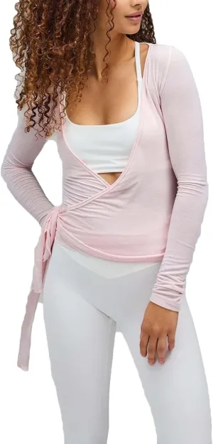 Ballet Tie Wrap Top for Women Long Sleeve Cover Up Yoga Pilates Workout Warp Shirts