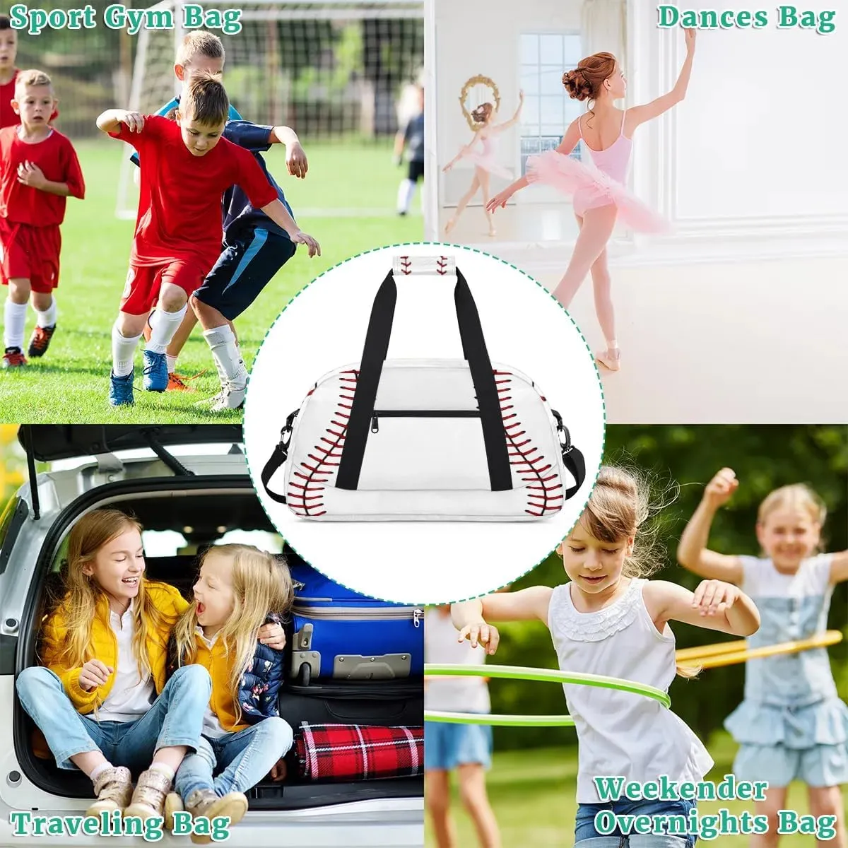 Baseball Lace Kids Gym Bags,Sports Duffel Bags for Boy,Travel Overnight Weekender Bag,Portable Sleepover Carry on Tote Bag,Waterproof Expandable Work Out Bags