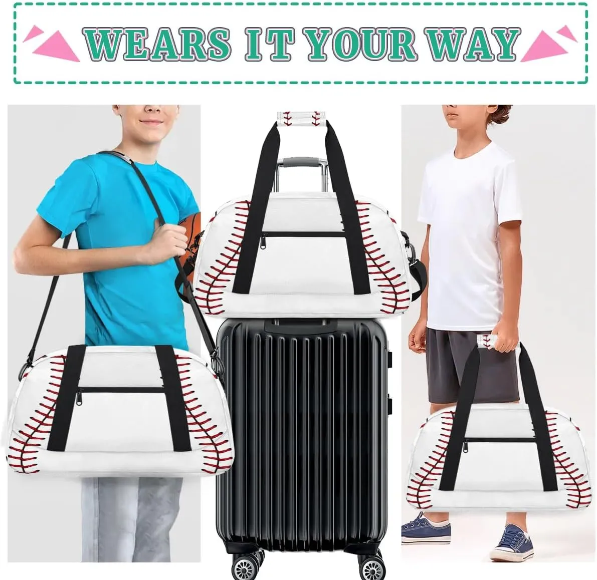 Baseball Lace Kids Gym Bags,Sports Duffel Bags for Boy,Travel Overnight Weekender Bag,Portable Sleepover Carry on Tote Bag,Waterproof Expandable Work Out Bags