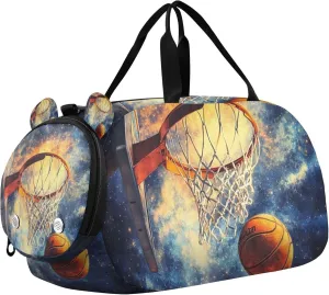 Basketball Galaxy Universe Duffle Bag for Toddler Girls Boys, Sports Gym Bag with Shoe Compartments, Kids Travel Overnight Weekender Shoulder Bag