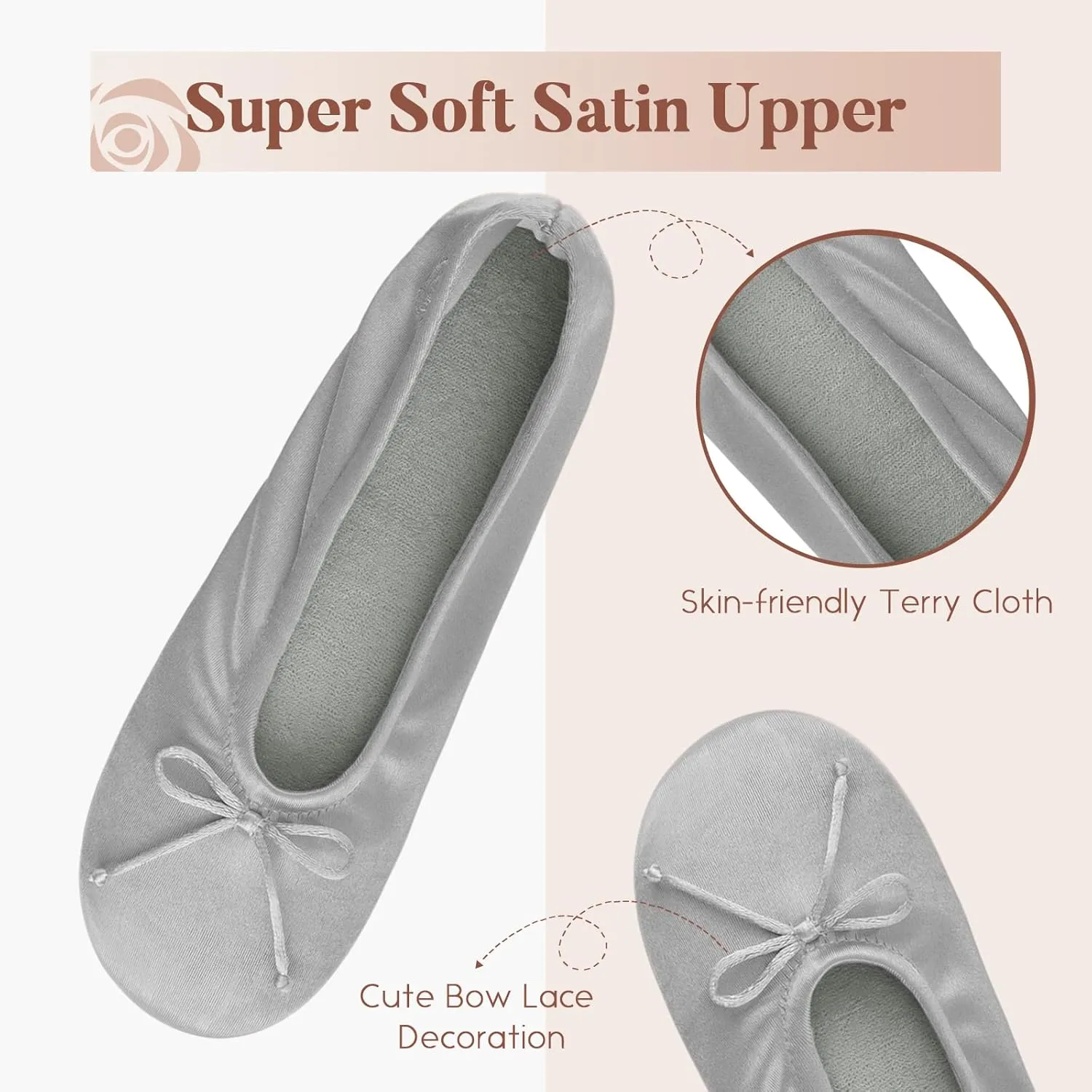 BCTEX COLL Women's Ballerina House Slippers with Bow, Ladies Satin Bedroom Slipper with Suede Sole Indoor