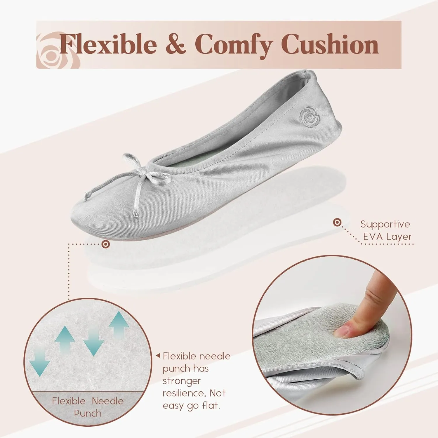 BCTEX COLL Women's Ballerina House Slippers with Bow, Ladies Satin Bedroom Slipper with Suede Sole Indoor