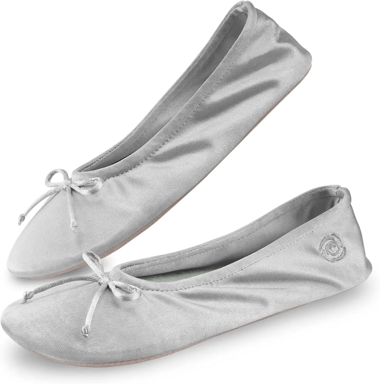 BCTEX COLL Women's Ballerina House Slippers with Bow, Ladies Satin Bedroom Slipper with Suede Sole Indoor