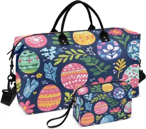 Beautiful Easter Eggs Travel Duffel Bags 2PCS,Sports Duffel Bags for Men Women,Weekender Overnight Bag Gym Tote Bag with Toiletry Bag