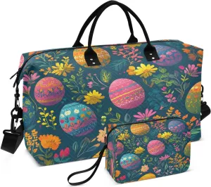 Beautiful Easter Eggs Travel Duffel Bags 2PCS,Sports Duffel Bags for Men Women,Weekender Overnight Bag Gym Tote Bag with Toiletry Bag
