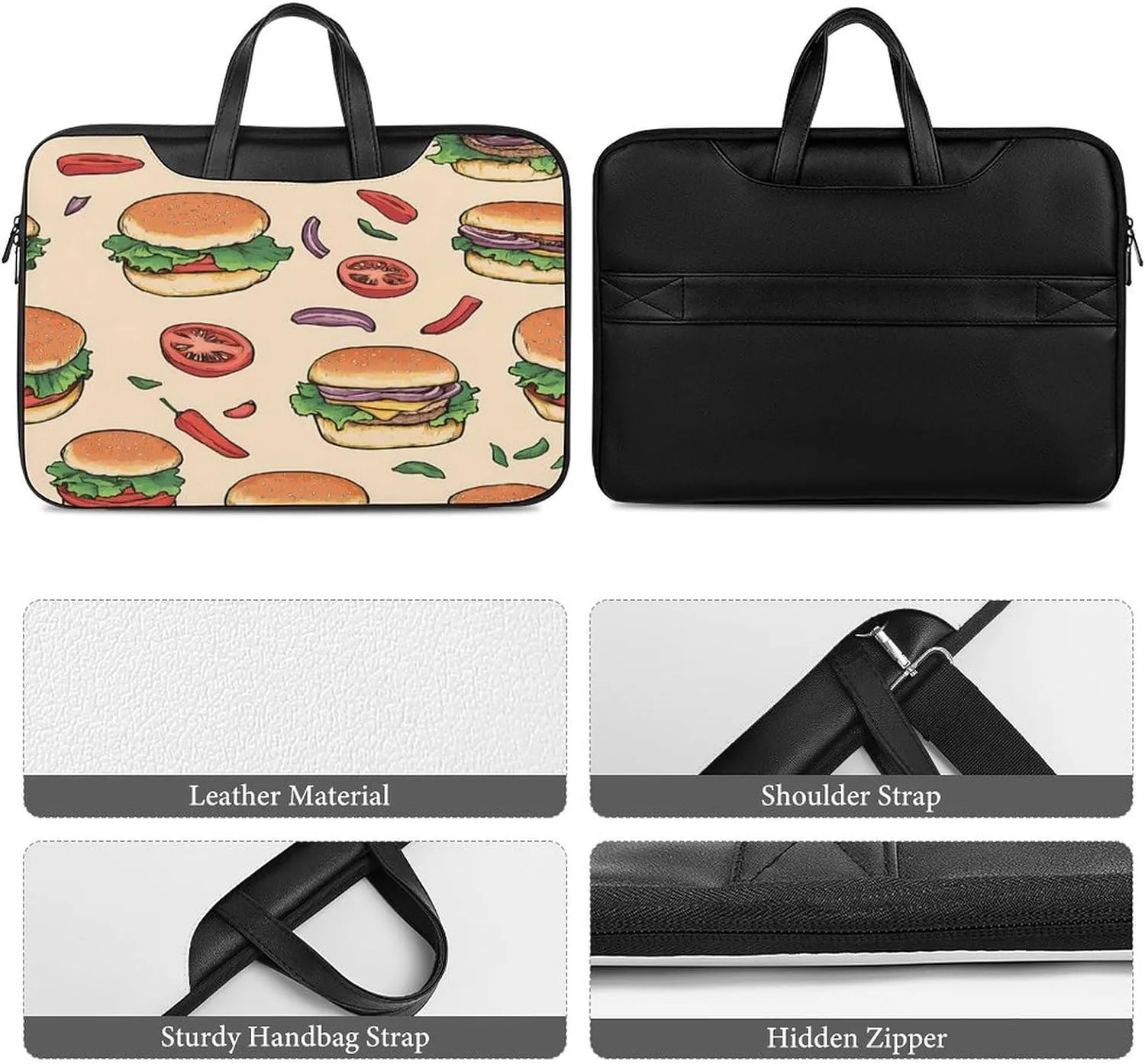 Beef Burger Tomato Peppers Leather Laptop Case Computer Sleeve Bag with Zippered Tote for Men Women
