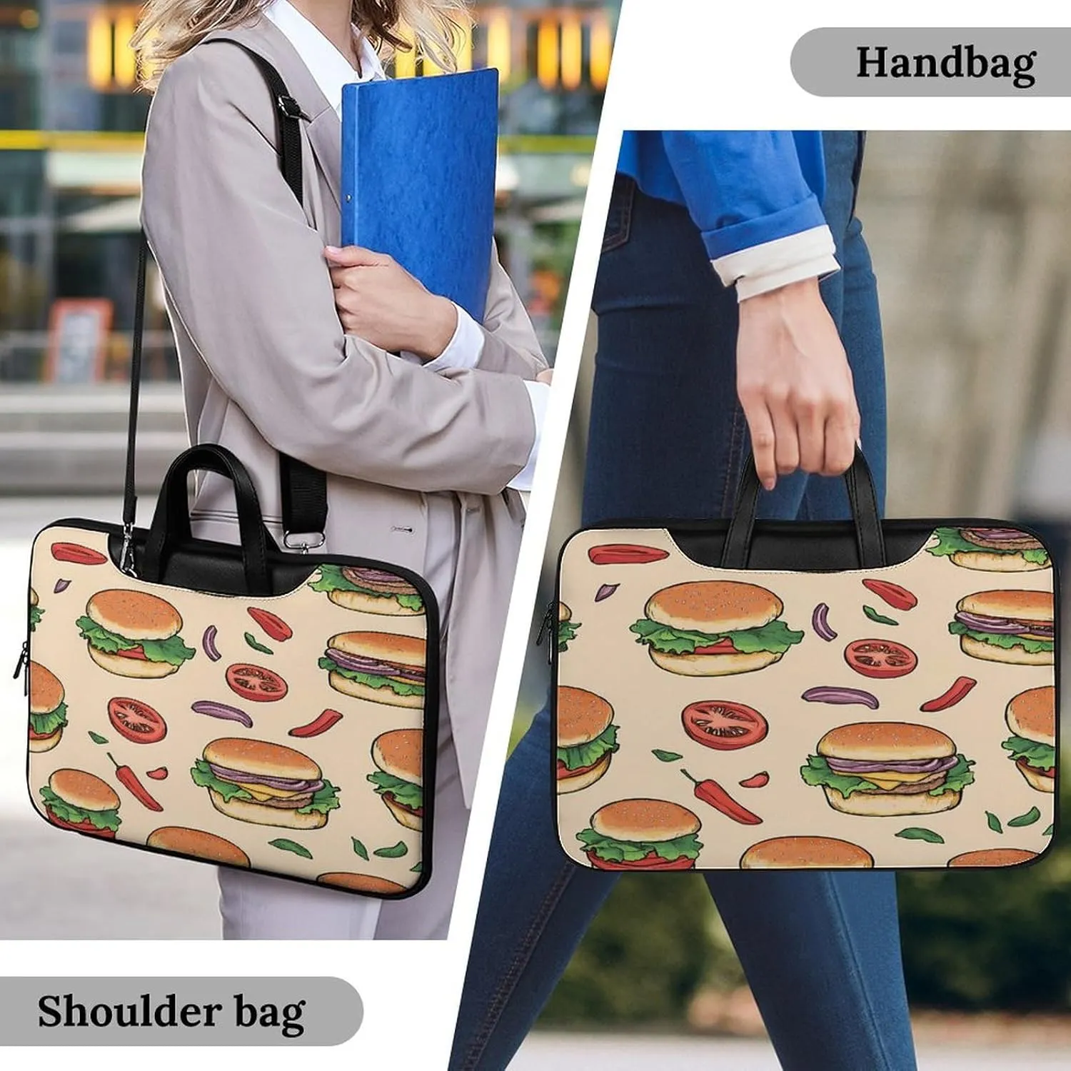 Beef Burger Tomato Peppers Leather Laptop Case Computer Sleeve Bag with Zippered Tote for Men Women