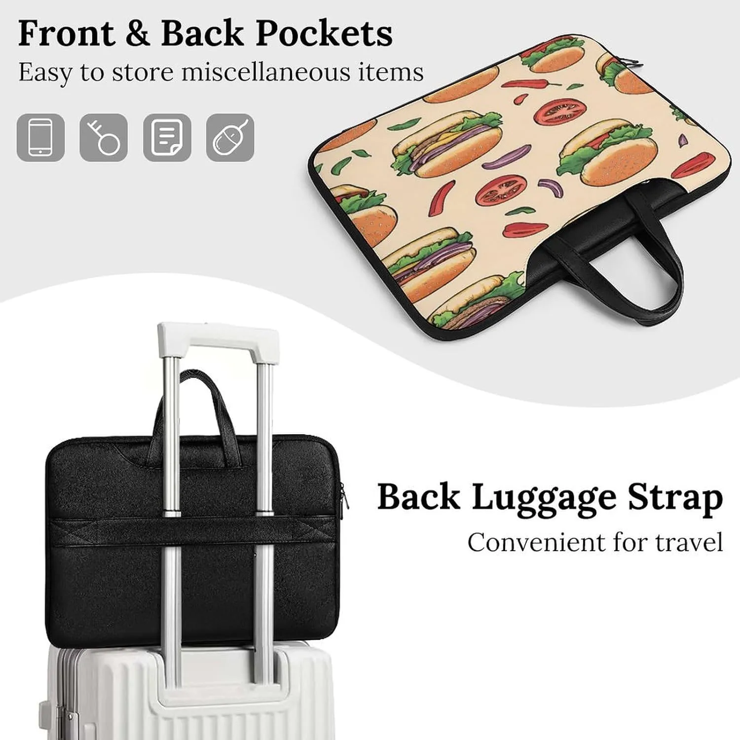 Beef Burger Tomato Peppers Leather Laptop Case Computer Sleeve Bag with Zippered Tote for Men Women