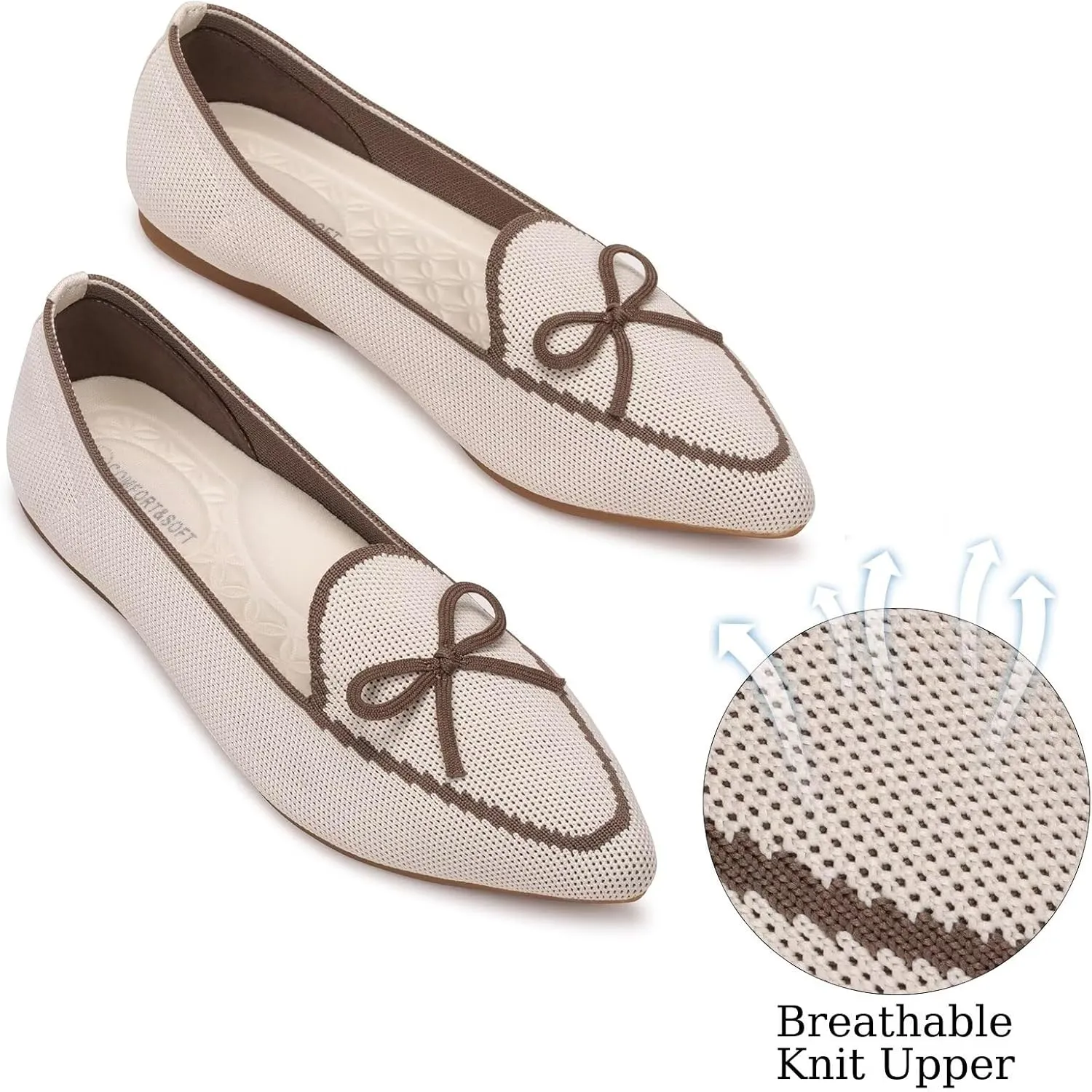 BEJINASH Women's Loafer Flats Casual Knit Fabric Lightweight Dressy Shoes Washable Elegant Pointed-Toe lace-up Bow Shoes Comfortable Ballet Shoes for Women Perfect for Daily