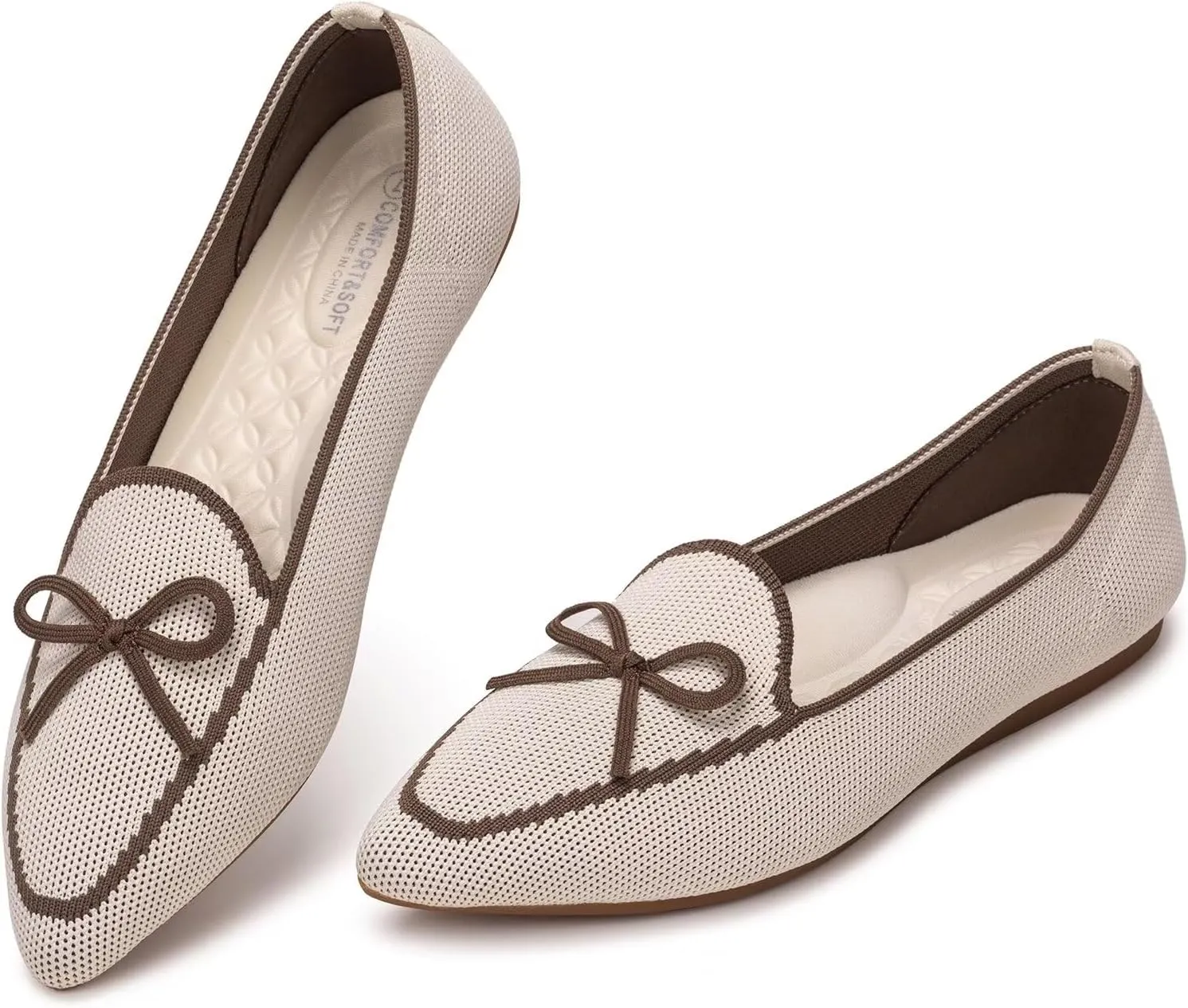 BEJINASH Women's Loafer Flats Casual Knit Fabric Lightweight Dressy Shoes Washable Elegant Pointed-Toe lace-up Bow Shoes Comfortable Ballet Shoes for Women Perfect for Daily