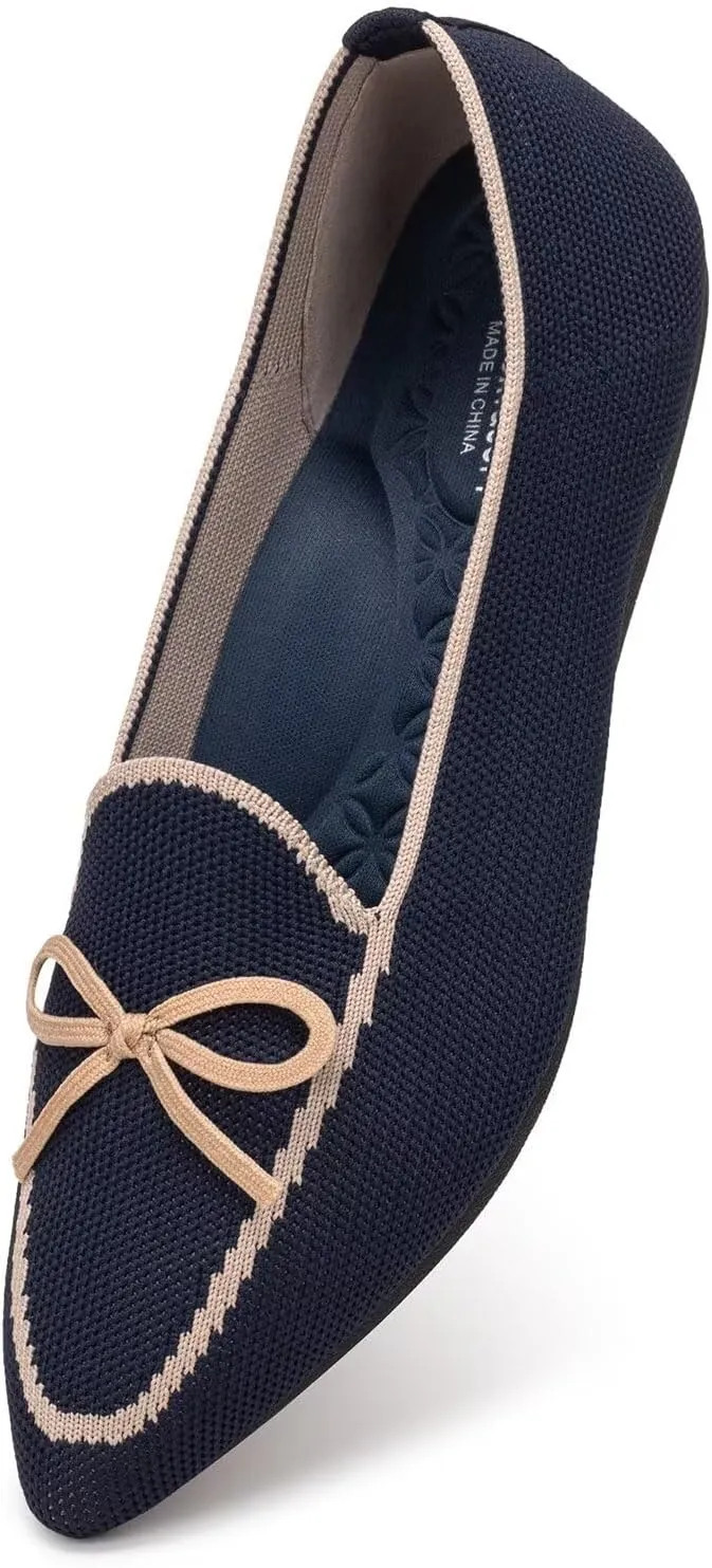 BEJINASH Women's Loafer Flats Casual Knit Fabric Lightweight Dressy Shoes Washable Elegant Pointed-Toe lace-up Bow Shoes Comfortable Ballet Shoes for Women Perfect for Daily
