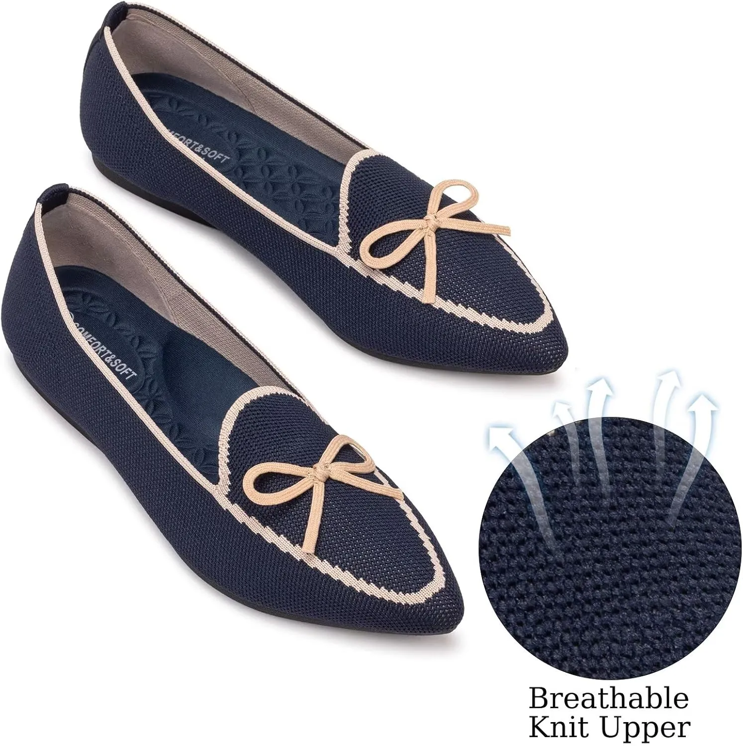 BEJINASH Women's Loafer Flats Casual Knit Fabric Lightweight Dressy Shoes Washable Elegant Pointed-Toe lace-up Bow Shoes Comfortable Ballet Shoes for Women Perfect for Daily