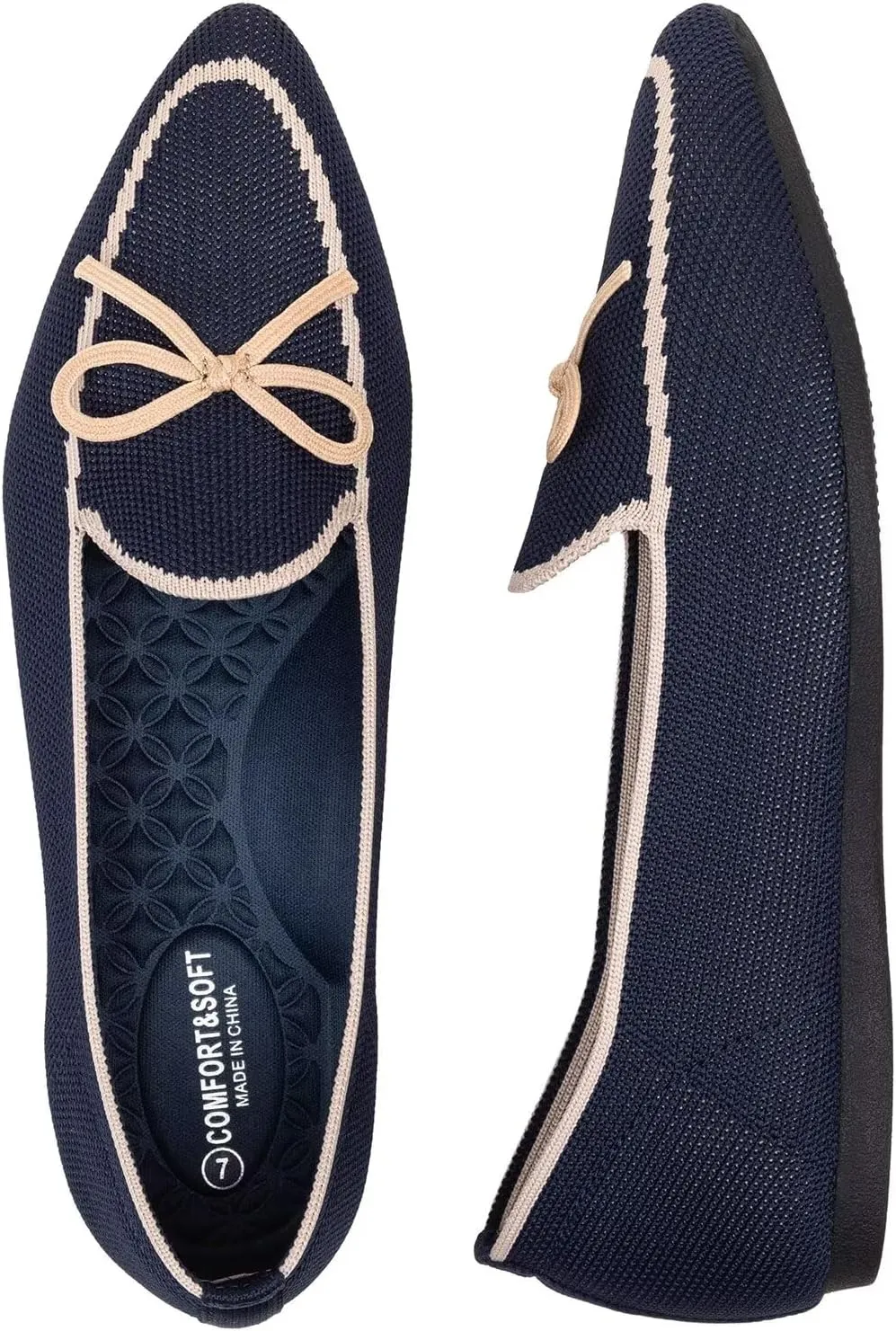 BEJINASH Women's Loafer Flats Casual Knit Fabric Lightweight Dressy Shoes Washable Elegant Pointed-Toe lace-up Bow Shoes Comfortable Ballet Shoes for Women Perfect for Daily