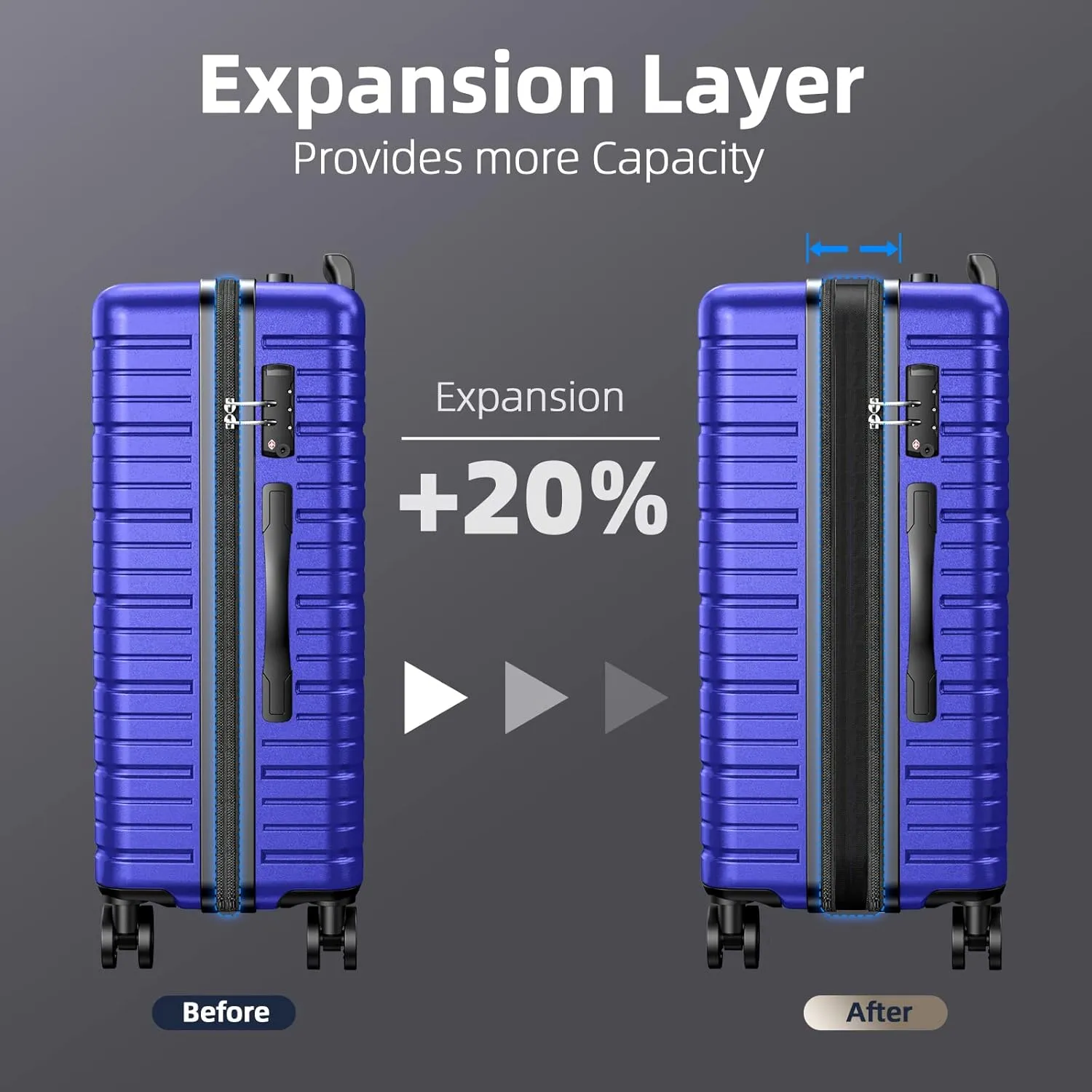 BEOW 3 Piece Luggage Sets For Men Women Expandable Durable Polycarbonate Hardsided Suitcase Sets with Spinner Wheels, TSA Lock, Lightweight Stylish Travel Zipper Suitcases 3 Pcs 20/24/28 Inch, Blue