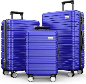 BEOW 3 Piece Luggage Sets For Men Women Expandable Durable Polycarbonate Hardsided Suitcase Sets with Spinner Wheels, TSA Lock, Lightweight Stylish Travel Zipper Suitcases 3 Pcs 20/24/28 Inch, Blue