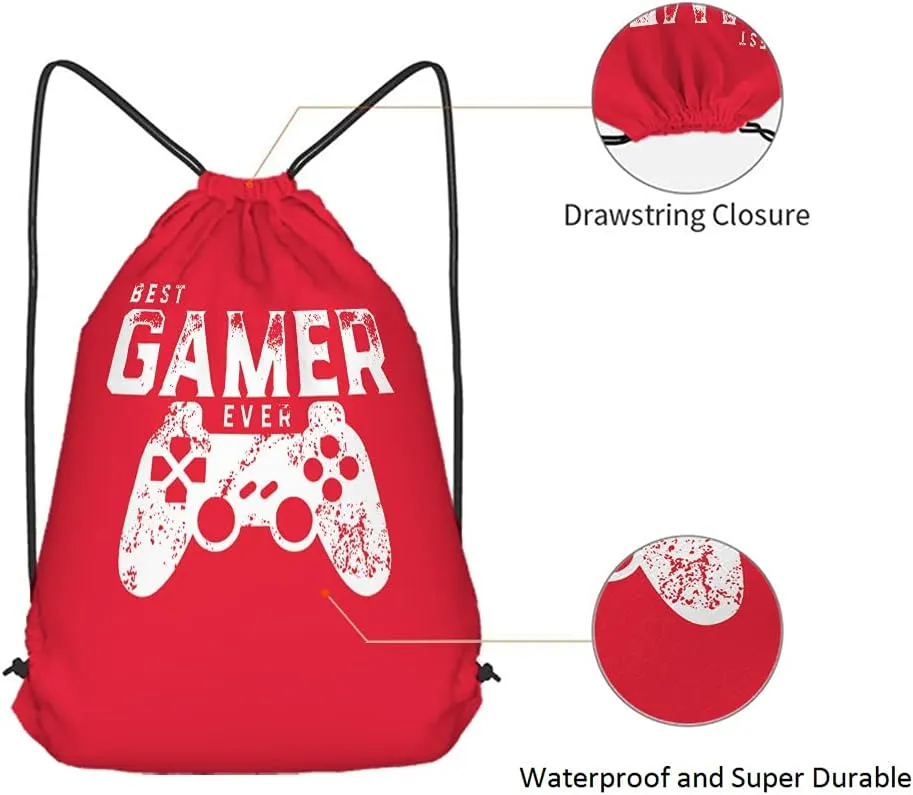 Best Gamer Ever Drawstring Bags Backpack Bag Video Games Geek Gamer Controller Joystick Funny Quote Red Color Art Sport Gym Sack Drawstring Bag String Bag Yoga Bag for Men Women