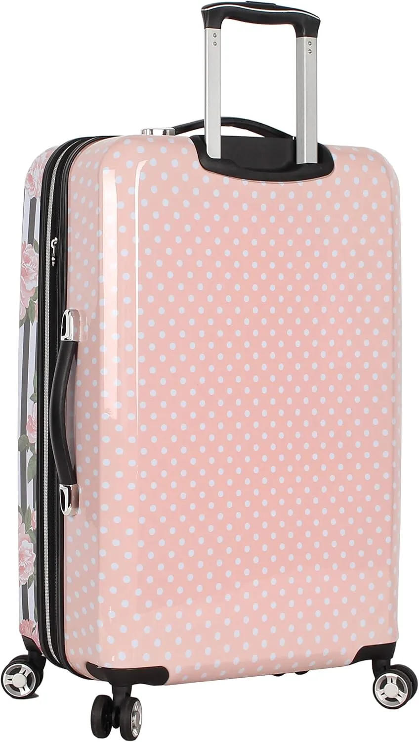 Betsey Johnson 26 Inch Checked Luggage Collection - Expandable Scratch Resistant (ABS   PC) Hardside Suitcase - Designer Lightweight Bag with 8-Rolling Spinner Wheels (Stripe Roses)