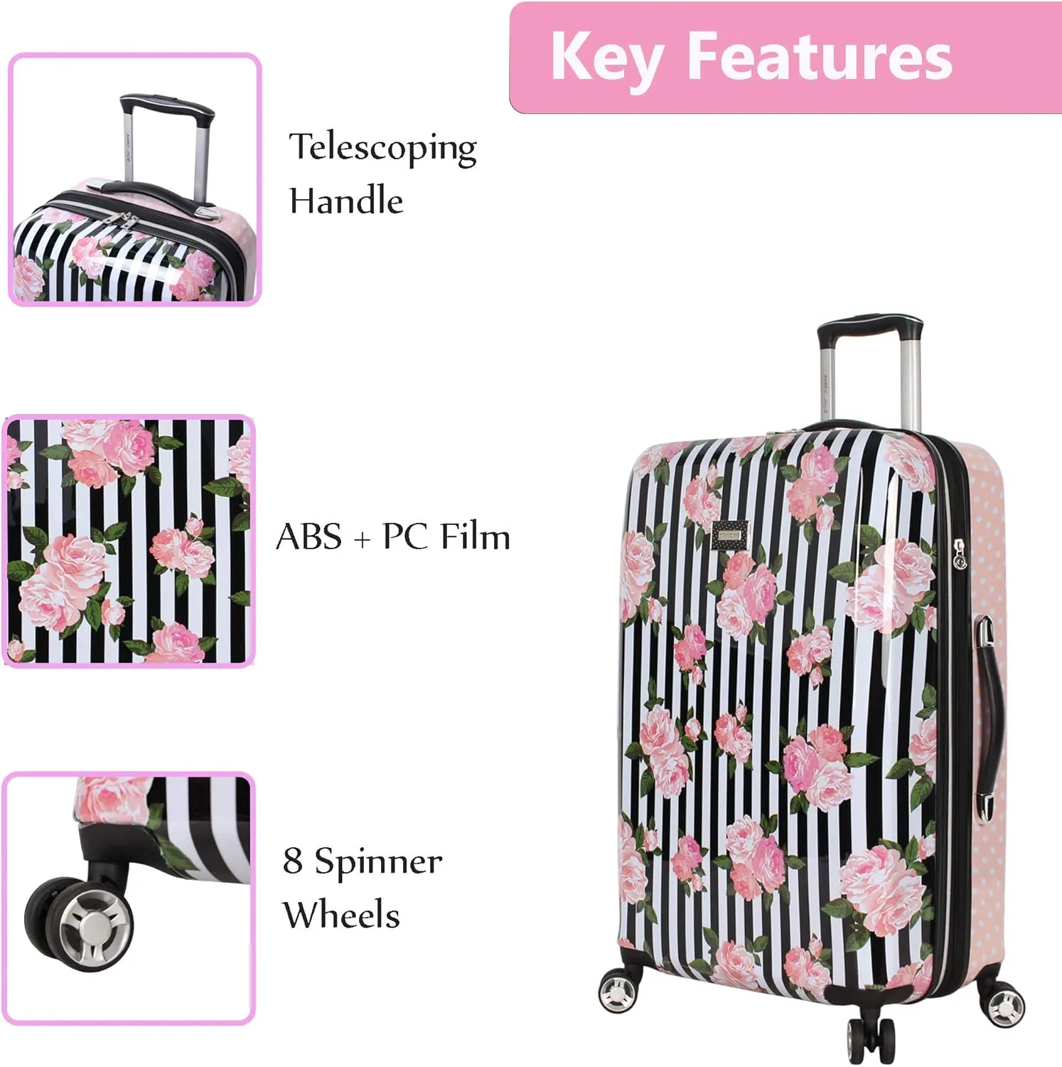 Betsey Johnson 26 Inch Checked Luggage Collection - Expandable Scratch Resistant (ABS   PC) Hardside Suitcase - Designer Lightweight Bag with 8-Rolling Spinner Wheels (Stripe Roses)