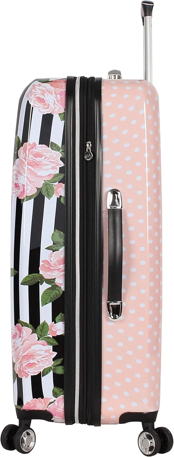 Betsey Johnson 26 Inch Checked Luggage Collection - Expandable Scratch Resistant (ABS   PC) Hardside Suitcase - Designer Lightweight Bag with 8-Rolling Spinner Wheels (Stripe Roses)