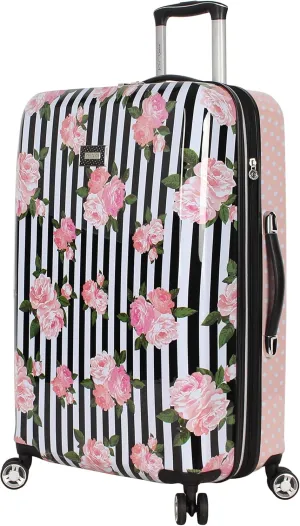 Betsey Johnson 26 Inch Checked Luggage Collection - Expandable Scratch Resistant (ABS   PC) Hardside Suitcase - Designer Lightweight Bag with 8-Rolling Spinner Wheels (Stripe Roses)
