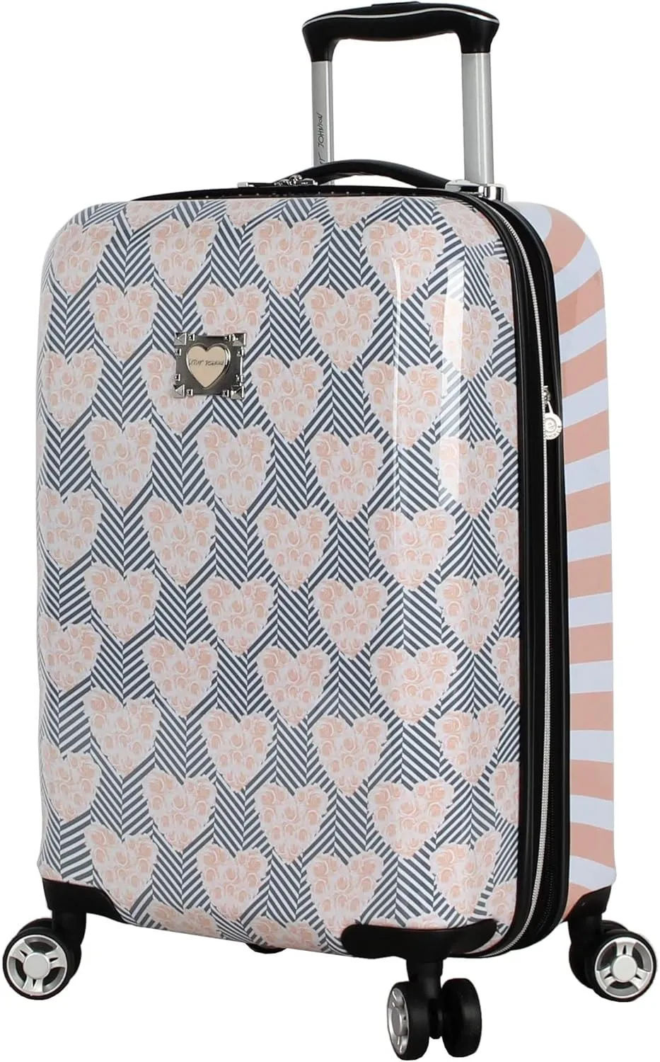 Betsey Johnson Designer 20 Inch Carry On - Expandable (ABS   PC) Hardside Luggage - Lightweight Durable Suitcase With 8-Rolling Spinner Wheels for Women (Chevron Hearts)
