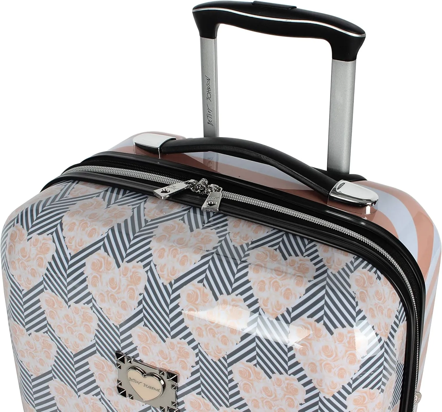 Betsey Johnson Designer 20 Inch Carry On - Expandable (ABS   PC) Hardside Luggage - Lightweight Durable Suitcase With 8-Rolling Spinner Wheels for Women (Chevron Hearts)