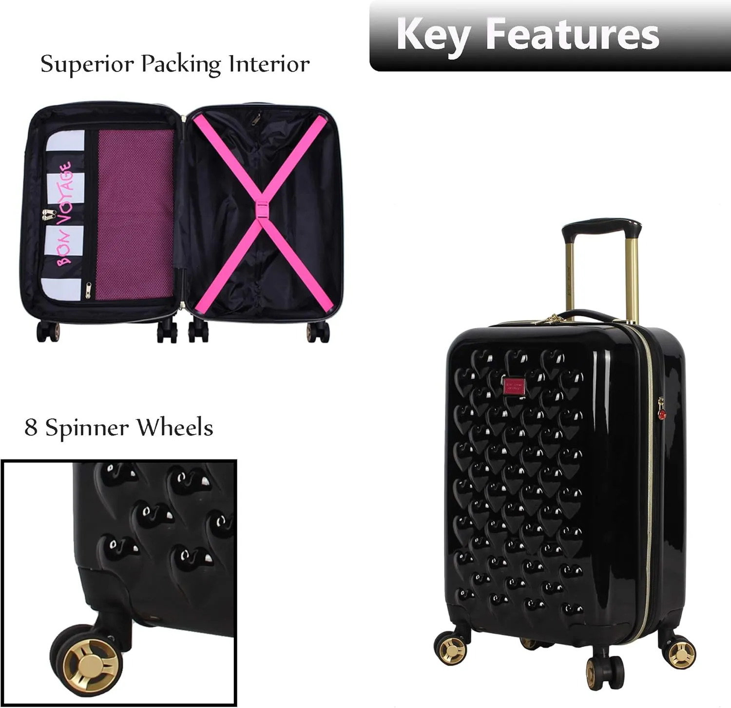 Betsey Johnson Designer 20 Inch Carry On - Expandable (ABS   PC) Hardside Luggage - Lightweight Durable Suitcase With 8-Rolling Spinner Wheels for Women (Heart to Heart Black)