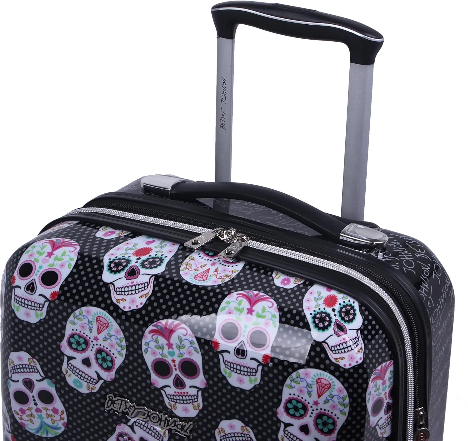 Betsey Johnson Designer 20 Inch Carry On - Expandable (ABS   PC) Hardside Luggage - Lightweight Durable Suitcase With 8-Rolling Spinner Wheels for Women (Skull Party)