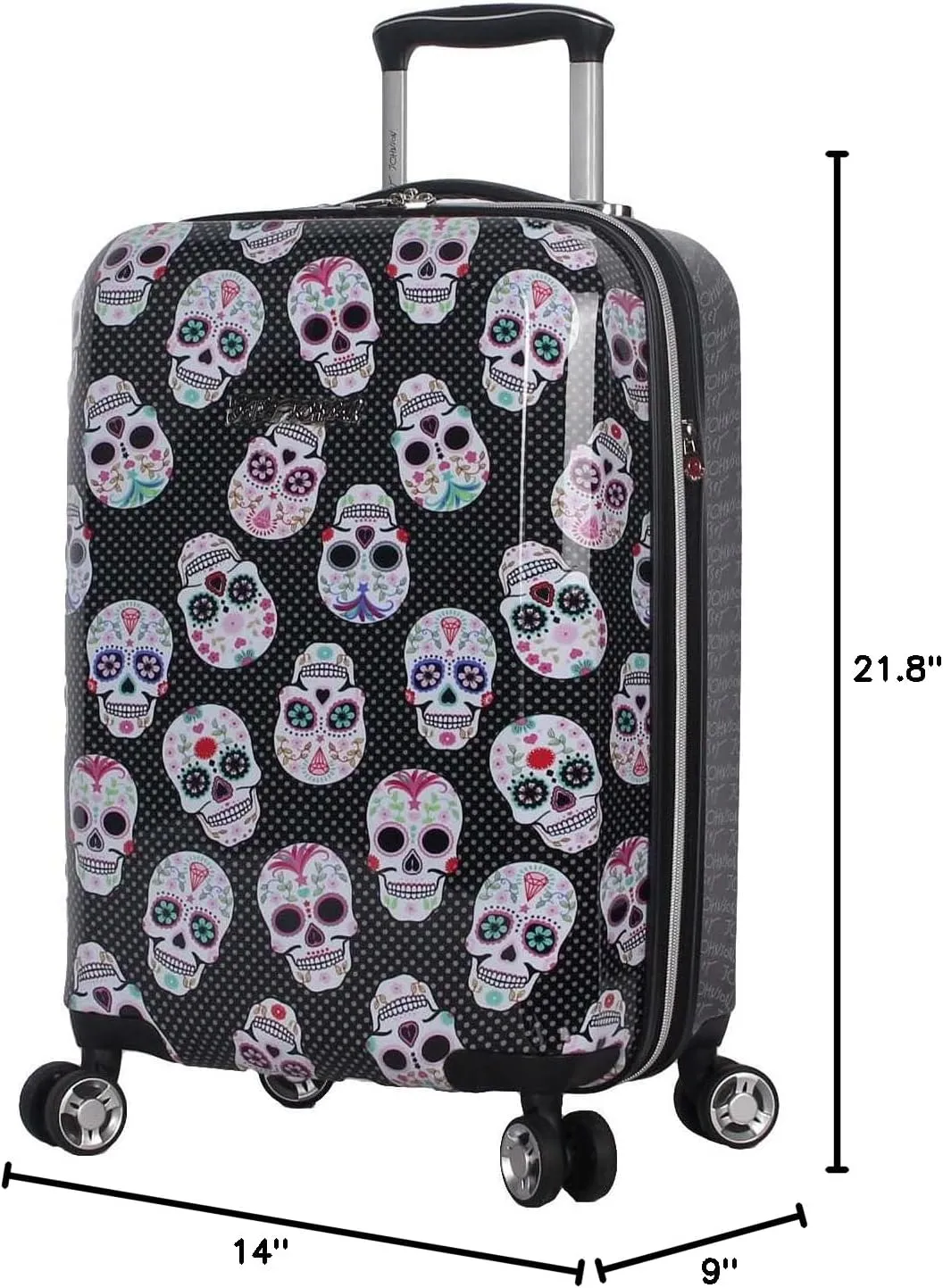 Betsey Johnson Designer 20 Inch Carry On - Expandable (ABS   PC) Hardside Luggage - Lightweight Durable Suitcase With 8-Rolling Spinner Wheels for Women (Skull Party)