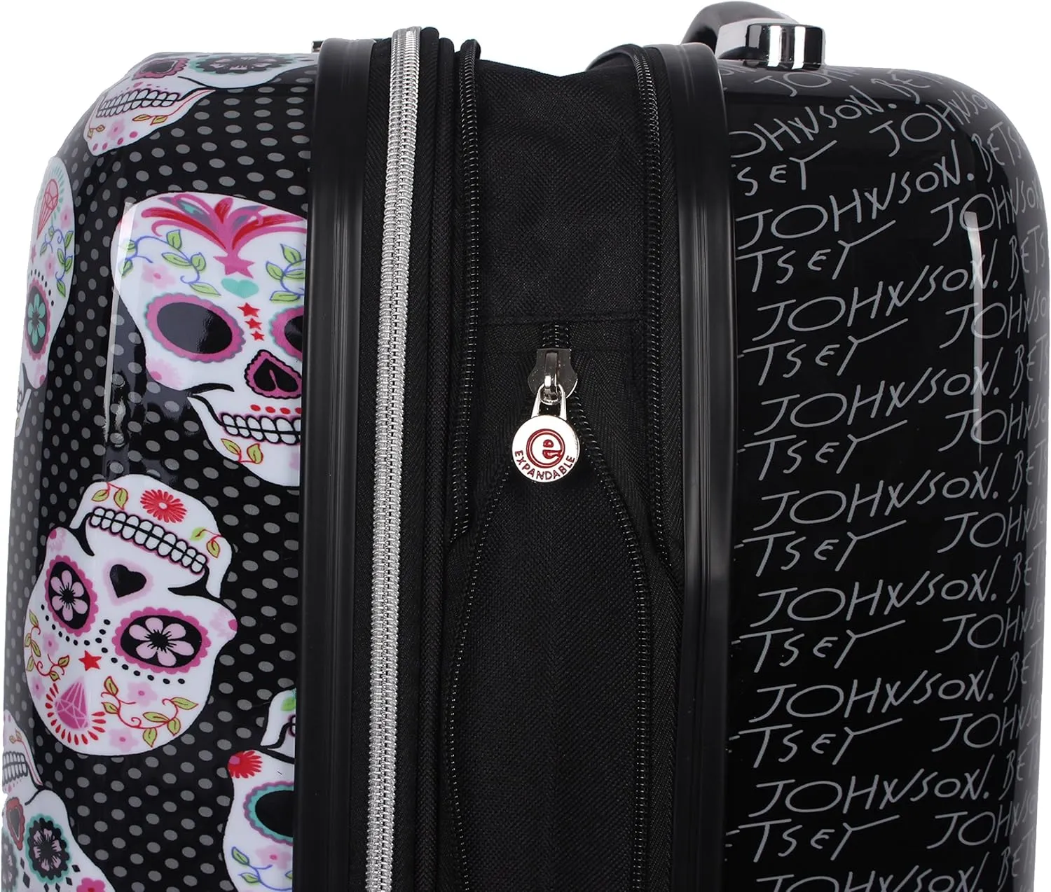 Betsey Johnson Designer 20 Inch Carry On - Expandable (ABS   PC) Hardside Luggage - Lightweight Durable Suitcase With 8-Rolling Spinner Wheels for Women (Skull Party)