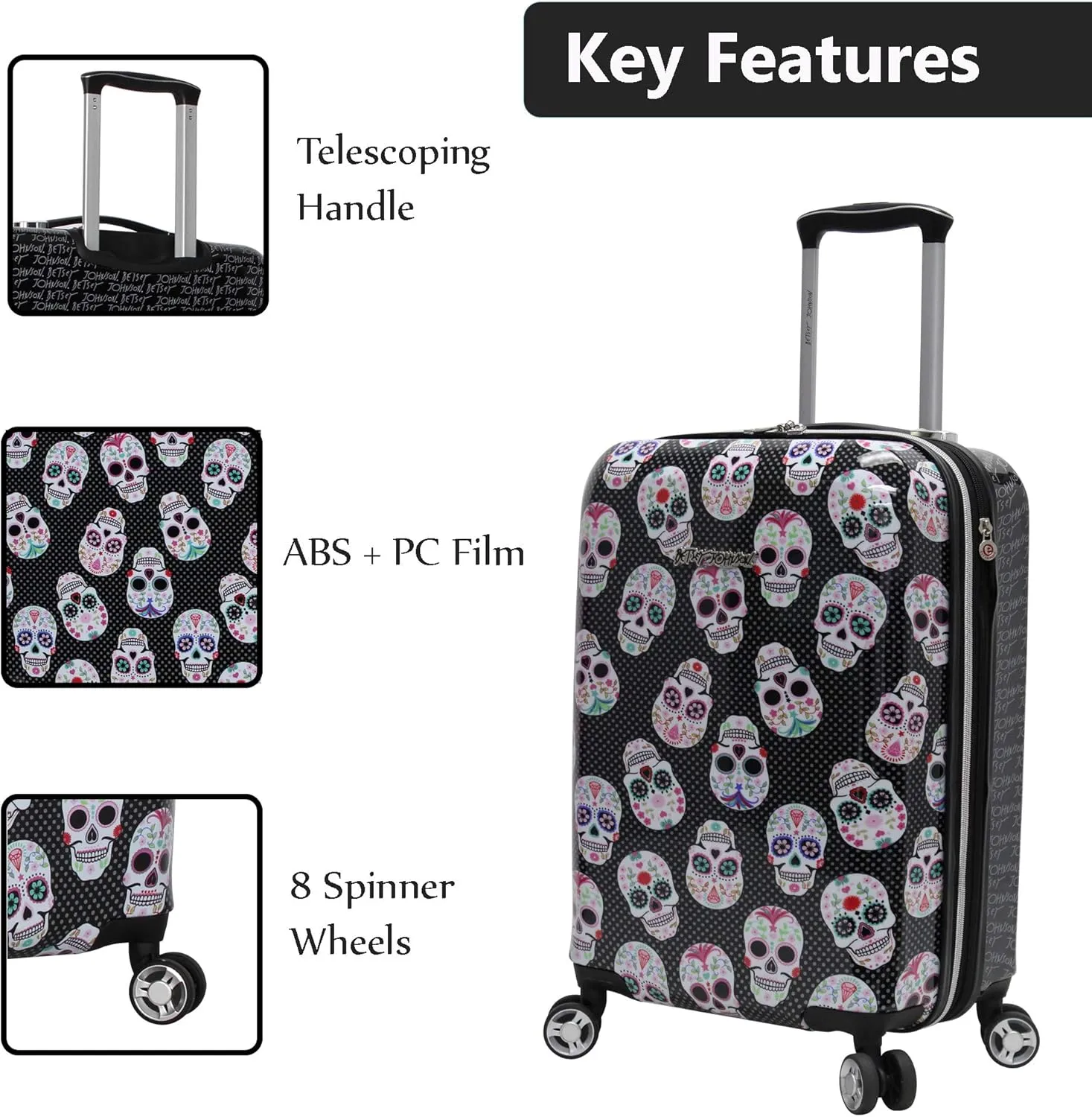 Betsey Johnson Designer 20 Inch Carry On - Expandable (ABS   PC) Hardside Luggage - Lightweight Durable Suitcase With 8-Rolling Spinner Wheels for Women (Skull Party)