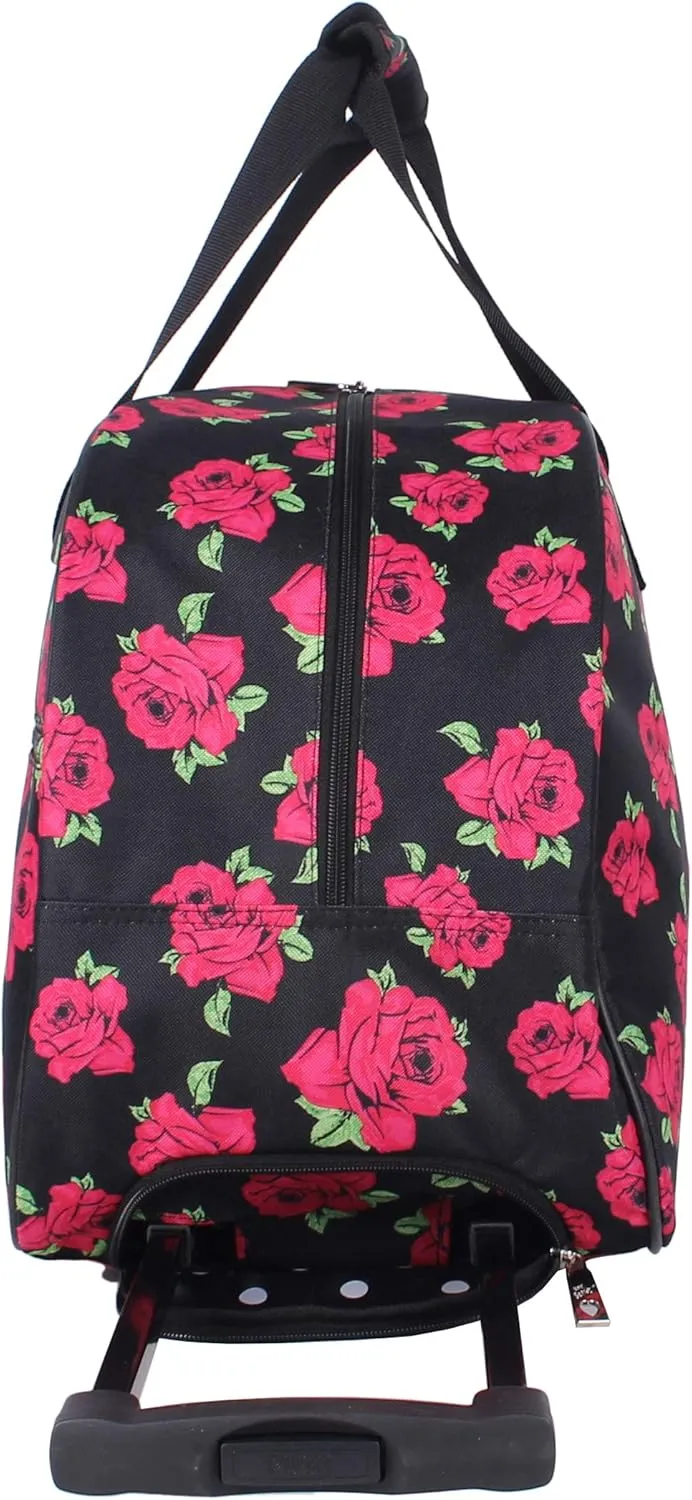 Betsey Johnson Designer Carry On Luggage Collection - Lightweight Pattern 22 Inch Duffel Bag- Weekender Overnight Business Travel Suitcase with 2- Rolling Wheels (Covered Roses)