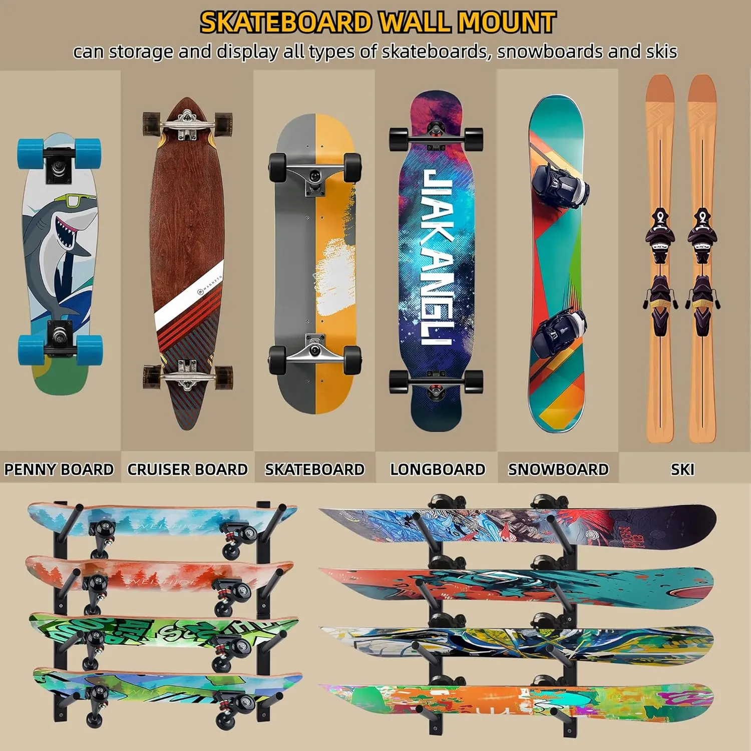 BiJun Skateboard & Snowboard Wall Mount Display - Horizontal Ski Rack & Longboard Wall Hanger