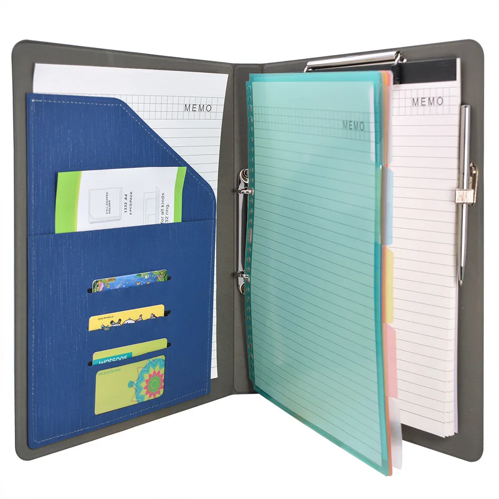 Binder Padfolio Organizer with Color File Folders, Business and Interview Portfolio with 2-Ring Binder, Clipboard
