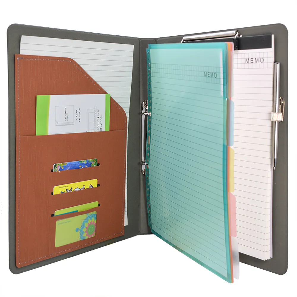 Binder Padfolio Organizer with Color File Folders, Business and Interview Portfolio with 2-Ring Binder, Clipboard