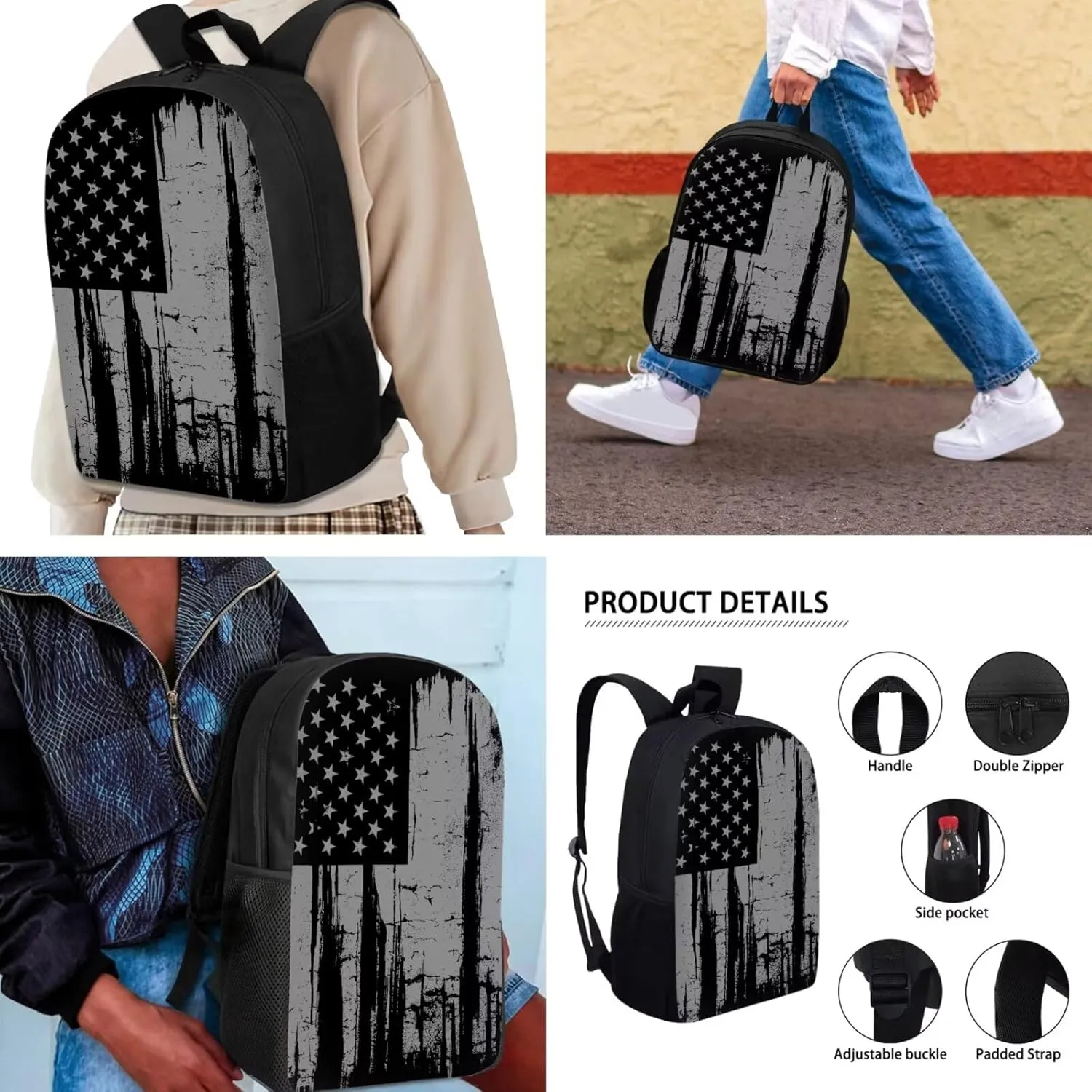 Black USA Flag Backpack for Boys with Lunch Box Pencil Case 3Pcs Boys Girls Bookbag for Elementary 3 in 1 Teens Black USA Flag Printed School Bag Travel Outdoor